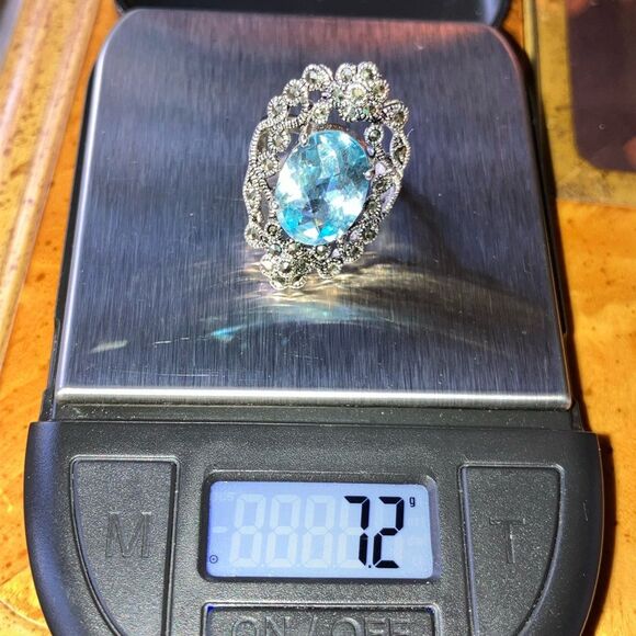Sky Blue Topaz Marcasite Sterling Silver Cocktail Ring Size 6 - Picture 9 of 9